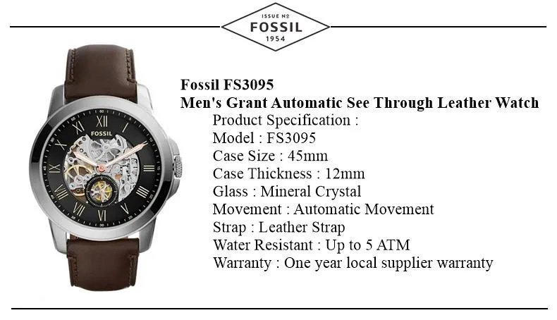 Fossil ME3095 Mens Grant Automatic See Through Leather Watch Lazada