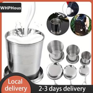 [COD] WHPHous Ship within 24 hours 250ml Stainless Steel Folding Cup Outdoor Travel Camping Portable Collapsible Water Cups With Keychain Retractable Teacups