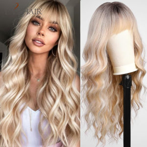 Tóc vàng dài Ombre nâu Tóc giả tổng hợp Tóc giả bạch kim gợn sóng với tóc mái Tóc giả cho phụ nữ Bữa tiệc cosplay hàng ngày Chịu nhiệt2026