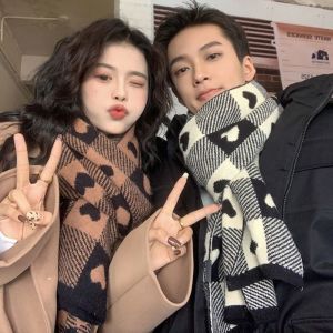 DRESSPLUS Thickened Plaid Heart Scarf Korean Style Knitted Winter Cashmere Shawl Fashion Long Y2K Checkered Scarf Women/Men