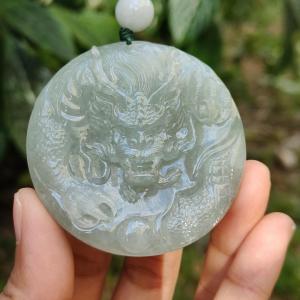 Premium Full Light Green Natural Type A Jadeite Jade Pendant Necklace crafted with Dragon with good glossy shines certificate included weigh 77.81 grams 55.5 * 55.5 * 13.8 mm (pendant169)