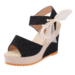 [Free Shipping] Bohemian-Style WomenS Sandals With Thick Soles Wedge Heels Open-Toe Design Platform Heels Waterproof Soles Floral Patterns And Ribbon Embellishments Perfect For The Beach