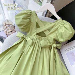 Girls Dress Summer 2024 New Childrens Bubble Sleeves Princess Baby Little Girl Off the Back Fresh
