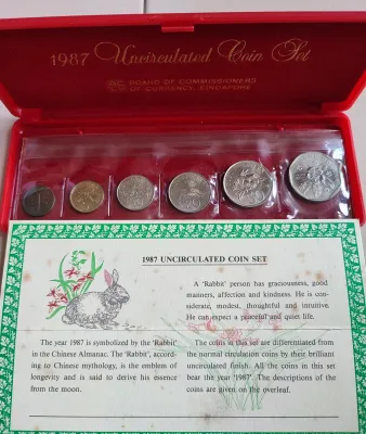 1986 to 1990 Singapore Uncirculated Coin Set (One cent to One Dollar)(One cent mostly oxided)