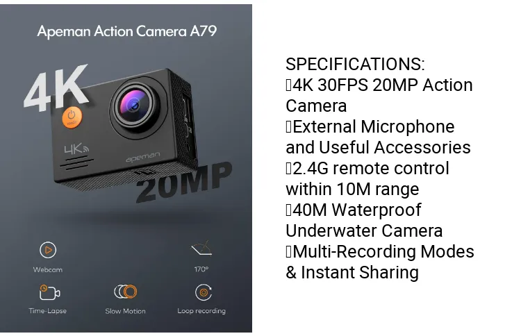 APEMAN A79 Action Camera 4K 20MP WiFi External Microphone Underwater  Waterproof 40M with Rechargeable Batteries and Accessories Kits