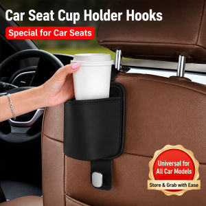 SEAMETAL 2pcs Leather Car Headrest Cup Holder with Hook Car Back Hanging Mount Phone Holder Beverage Holders
