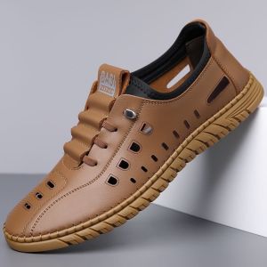 Free Shipping Croc Shoes 2026 Spring And Summer Breathable Hollow Casual Leather Slip-On Lazy Beach Sandals For Men