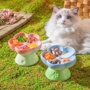 YAZHE High Foot Slow Feeder Cat Bowl Gradual Change Color Flower Shape Ceramic Pets Dish Neck Protection Slow Down Eating Speed Cat Food Dispenser Small Dog