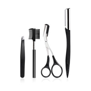 HUNIU 4 Pcs/Set Stainless Steel With Brush Comb Eyebrow Shaper Face Epilator Eyebrow Tweezer Eyebrow Trimmer Kit Razor Makeup Tool