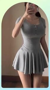 Jualan Panas@Sweet Style plus Size A-LineDress Womens Summer Slimming Meat Covering Short Skirt Commute Korean High Waist Short Sleeve round Neck