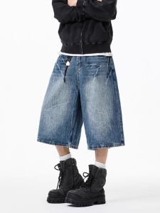 《501》 ฤดูร้อน กางเกงยีนส์ขาสั้นลายสายฟ้าใหม่สำหรับผู้ชาย ขาตรงหลวม แฟชั่นทันสมัย กางเกงขาสั้นล้างย้อนยุค