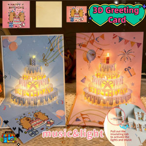 3D birthday Greeting Card with Music & LED Light Cartoon Capybara Greeting Card Surprise Blessing