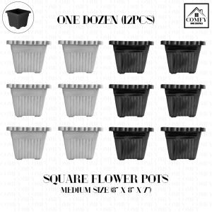 (One Dozen) 12PCS Square Flower Pots Medium Size 8 Inches Home Gardening Pots
