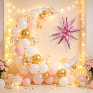 41pcs balloon set pink girl-themed balloons with burst star foil perfect for princess-themed decorations birthday parties engagement party decor indoor and outdoor decorations and party balloon setups.