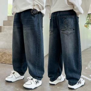 Korean Style Kids Boys Casual Straight Loose Fit Elastic Waist Denim Jeans Pants Trousers With Real Pockets Graphic Print