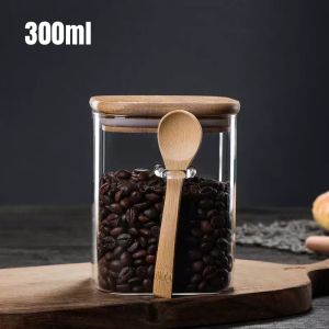 Square Glass Storage Jar With Wooden Spoon Airtight Transparent Food Container for Kitchen Storage