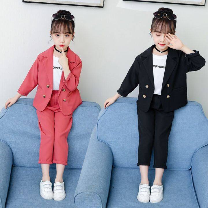 Fashion Wedding Kids Suit for Girls Formal Pant Suits for Teenagers 2PCS  Blazer Set Brand Children