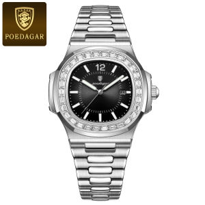 POEDAGAR watch for men original branded waterproof fashion stainless steel calendar luminous square watch