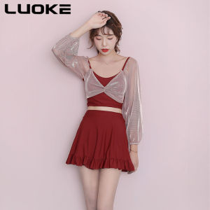 Luoke Red New Two-piece Swimsuit Fairy Fan Cover Belly Show Thin Conservative Princess Swimming Skirt Women Long Sleeve Korean Style Swimming Suit Hot Spring