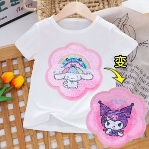 Sanrio Girls T-shirt Short-Sleeved Cartoon Kuromi Cinnamoroll Cotton Changing Pattern Sequined Tops Kids Clothing Tee