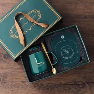 【SG 🚚】Electric Heating Mug Warmer Set With Lid Spoon 350ml Constant Temperature Cup Pad For Office Milk Tea