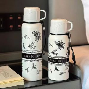 GRACE 316 Stainless Steel Gardenia Thermo Bottle Double Layer Large-capacity Portable Water Bottle Retro Style Tea Drain Vacuum Thermos Cup Outdoor Travel