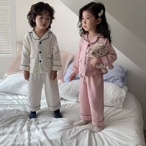 2026 New Childrens Cotton Pajamas Set Soft Loose Boys Girls Clothing Turn-down Collar Button Shirt Trousers 2 Pcs Suit Pijamas2026
