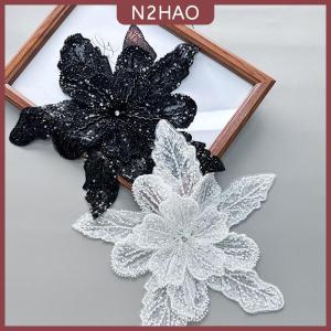 N2HAO Sequin đính cườm hoa cổ áo đính Trắng ren thêu vá Corsage DIY trang trí váy cưới phụ kiện quần áo