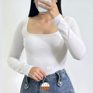 Kaily Square Neck Long Sleeve Double Lining Front Top Womenswear Body Hugging Comfortable Basic