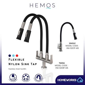 HEMOS KITCHEN FAUCET SUS 304 BLACK FLEXIBLE SILICONE TWINS HOSE PILLAR SINK TAP HM-3201F3208F-MS