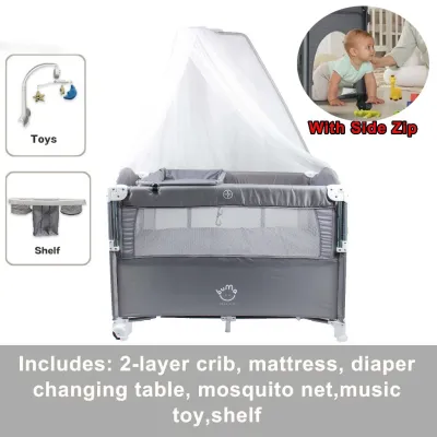 Baby Crib 2 Layer with Mosquito Net And Diaper Changing Table Multifunctional Portable Crib Lightweight Folding Game Bed Liftable Co-Sleep Mode Baby Cradle Toddler Crib for Baby