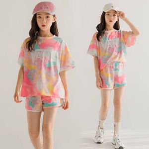 Summer 2024 New Kids Girls Clothes Sets Tie Dye Print Teenager T-Shirts And Shorts Childrens Clothing Suits Sports Two Pieces Set For Girl Autumn Spring