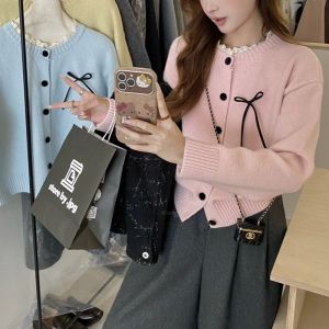 COD Korean gentle tie versatile sweet age-reducing neckline lace lace knitted cardigan single-breasted bow sweater womenFDHSFGHFSD