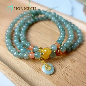 Vòng tay đá Cẩm Thạch lam dầu bộ 3 vòng tay phối Hổ Phách Ngọc Nam Hồng mặt điếu cẩm thạch bọc xi vàng may mắn tài lộc | Hoa Minh Gem