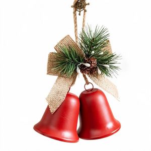 FOUNDTWO Phong cách mộc mạc Chuông treo Giáng sinh Cổ điển với nơ làm từ quả thông nhân tạo Chuông trang trí Giáng sinh Lãng mạn Sắt Đồ trang trí cây thông Noel Tường