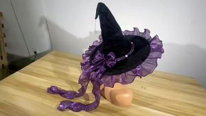 Halloween Gothic Lolita Witch hat velvet lace wide-brimmed pointed hat with bow COS Party
