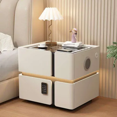 GH GLOWHOME（in stock）Smart Nightstand with Password Lock Wireless Charger 3-Color LED Lighting & Bluetooth Speaker Tool-Free Assembly Floor-Standing Bedside Storage Cabinet for Bedroom
