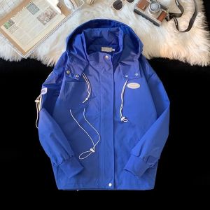 Áo Khoác Màu Xanh Klein Áo Khoác Phong Cách Chức Năng Phối Màu Cổ Điển Rộng Rãi Áo Khoác Liền Mũ Rộng Rãi Thương Hiệu Thời Trang Nam Nữ