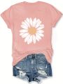 Women's Casual Daisy Flower Print T-Shirt - Soft Polyester Crew Neck Tee, Black with White Daisy Design, Short Sleeve, Perfect for Summer Outfits, Ladies T Shirts. 