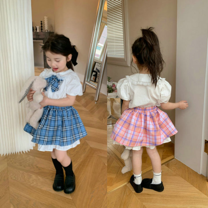 Girls' Suit Plaid Bow Shirt Plus Puffy Skirt And Half-Body Skirt Summer ...