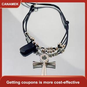 【CANAMEK 】 Y2K Retro Metal Cross Pendant Necklace For Women Girls Punk Gothic Black Rope Long Sweater Chain Fashion Party Jewelry Gifts