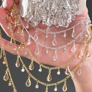 MIRELAE Waterdrop-shaped Bead Chain 1 Meter Length Clear Crystal White Rhinestone Beads Bohemia Style Copper Material Crystal Glass Chain For DIY Jewelry Making