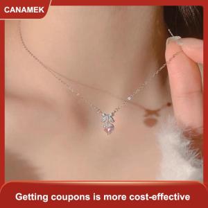 【CANAMEK 】 Zircon Bowknot Heart Pendant Necklaces Pink Heart Ladies Girls Fashion Elegant Clavicle Chain For Women Jewelry