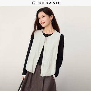 GIORDANO Women Vests Flat-Felled Seam Pockets Vests Round Neck Gathered Hem Zip Front Fashionable Casual Vests 13376774