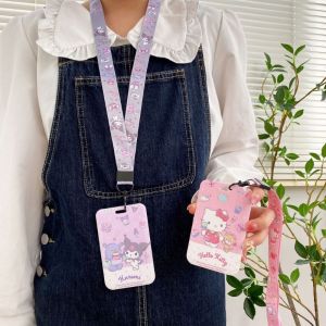 Sanrioed Cinnamoroll My Melody Kuromi Hangyodon Cartoon Lanyard Slide Cover Card Holder Subway Bus ID Card Protective Sleeve