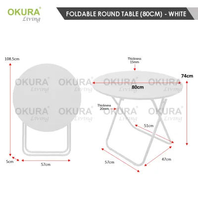 OKURA 60cm/80cm Foldable Round Table / Portable Dining Table / Banquet Table / Camping Table / Meja Lipat / Meja Makan