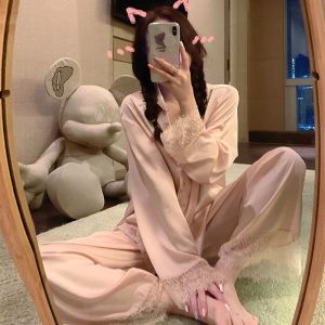 ❤️New Design 2 DESIGNS 10 Colours Elegant with Laces 2pcs SET Satin Long Sleeve & Pant Pajamas Nightwear Set Lingerie Baju Tidur LL05 & LL07