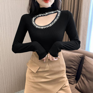 Yimei 2023 áo mùa đông thời trang mới chạm khoét kim cương tay áo dài dày nửa cổ cao áo lót Áo thun nữ năm mới Trung Quốc