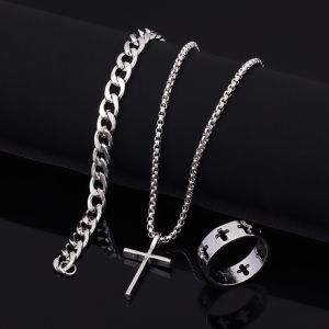 3Pcs Mens Cross Jewelry Set Minimalist Cuban Link Chain + Cross Necklace + Ring Punk Hip Hop Style