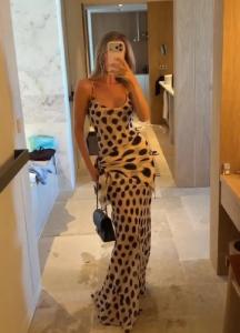 Womens Vacation Beige Brown Spot Satin Maxi Slip Dress Spaghetti Strap Side Twist Knot Slim Gown Summer Chic Party Date Outfit2026